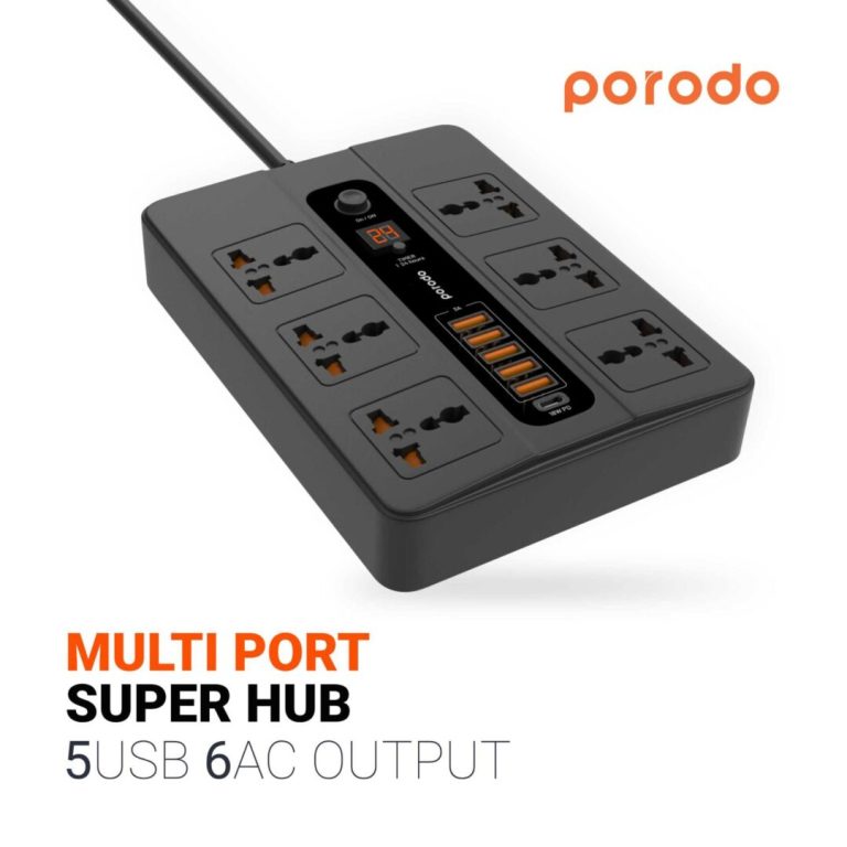 چند راهی و محافظ تایمردار پورودو مدل 5USB Port + 3Universal Power Socket