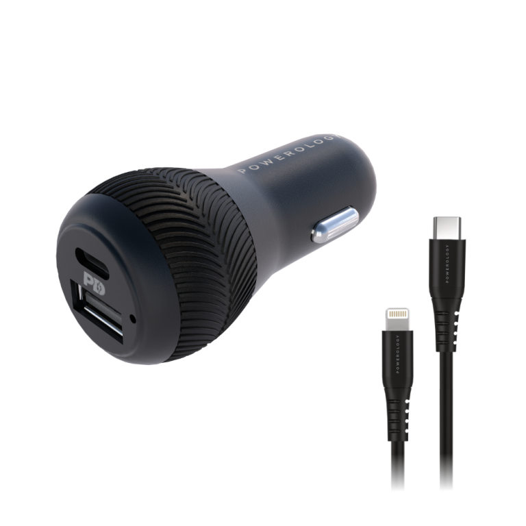 شارژر فندکی پاورولوژی 32 وات مدل Ultra Quick Gan همراه کابل USB-C به لایتنینگ