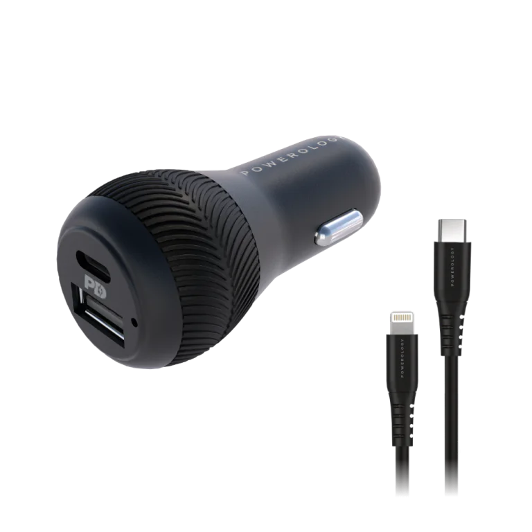 شارژر فندکی پاورولوژی 32 وات مدل Ultra Quick Gan همراه کابل USB-C به لایتنینگ