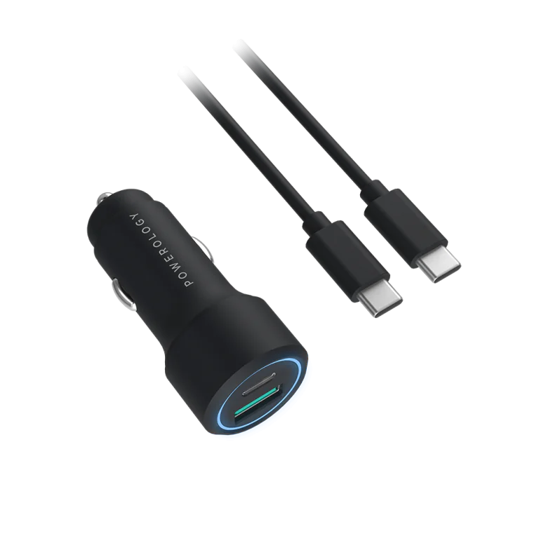 شارژر فندکی دو پورت 38 وات پاورولوژی با حلقه LED مدل Ultra Quick همراه کابل USB-C
