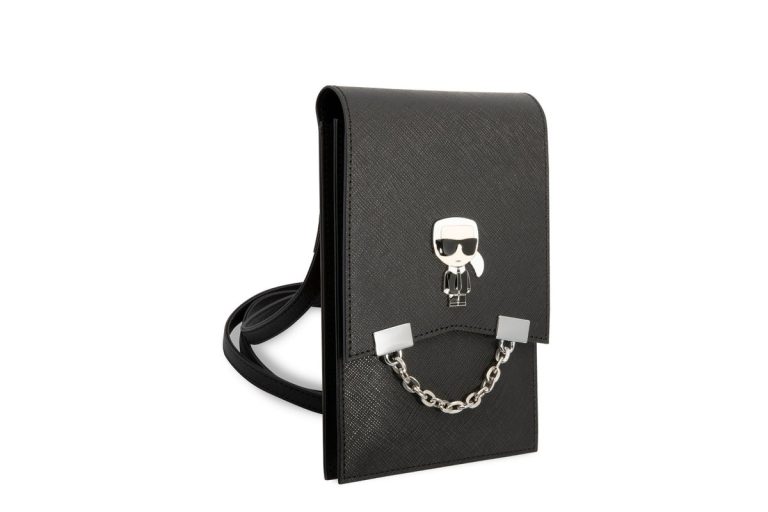 کیف سی جی کارل لاگرفلد مدل Saffiano با لوگوی فلزی Ikonik و زنجیر فلزی