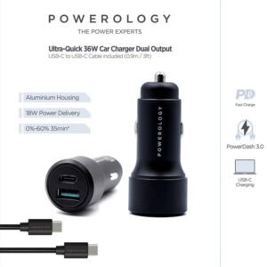 شارژر فندکی 38 وات پاورولوژی + کابل USB-C