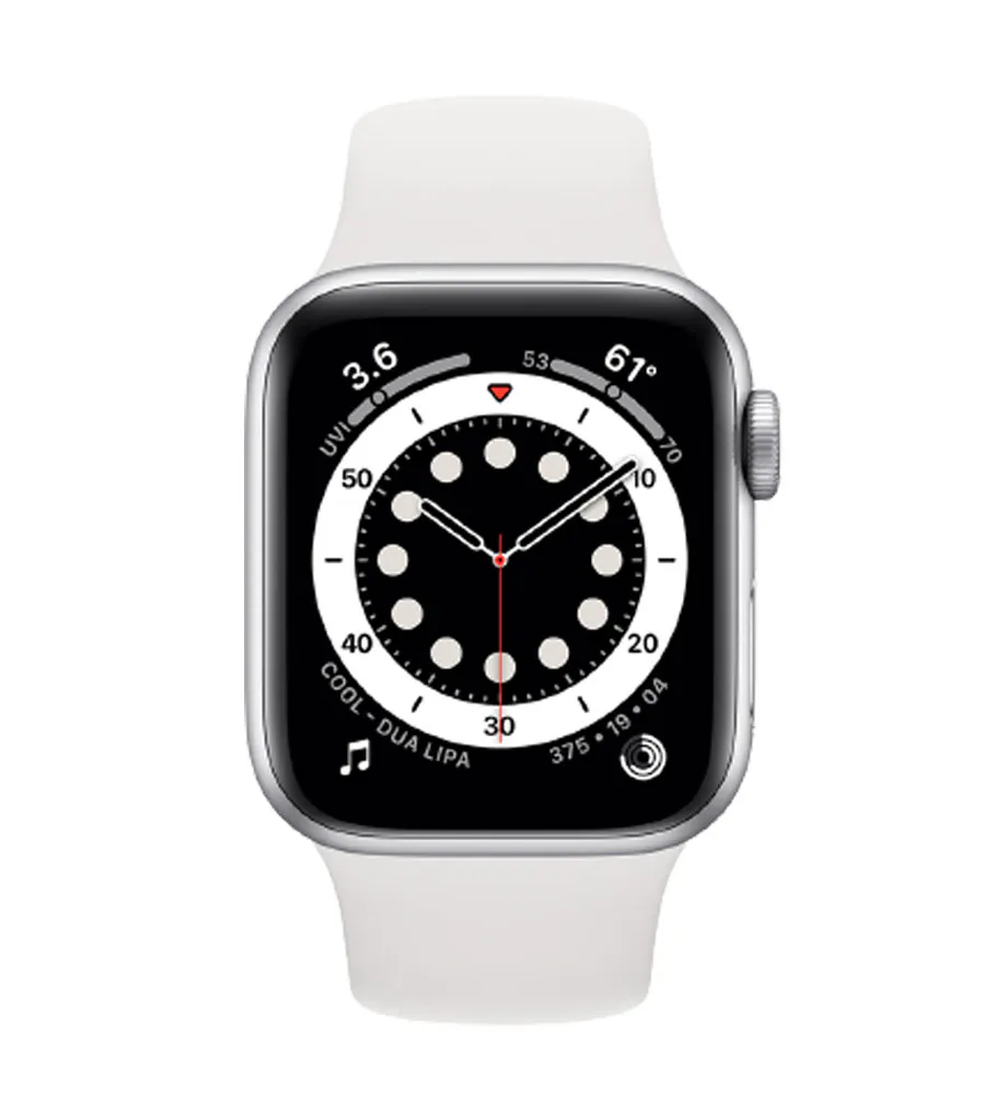 APPLE-WATCH-S6 اپل واچ سری 6 مدل 44 میلی متری با بدنه ی آلومینیومی نقره ای و بند اسپرت سفید - اپل گلشن