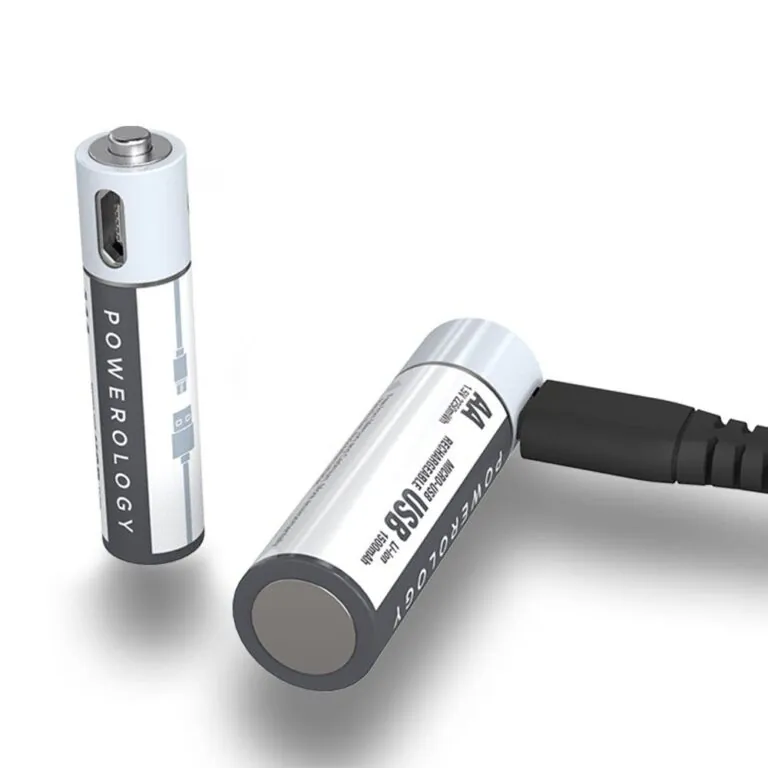 پک 4 تایی باتری قابل شارژ پاورولوجی مدل AA Lithium-ion همراه کابل