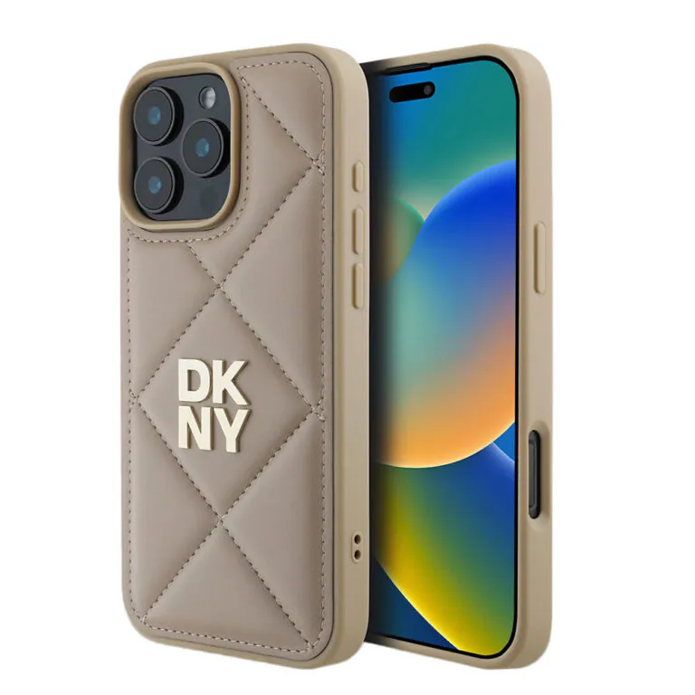 کاور DKNY مدل Leather Hard +Stack Logo مناسب iPhone 16ProMax - Beige, گارانتی اصالت و سلامت فیزیکی کالا