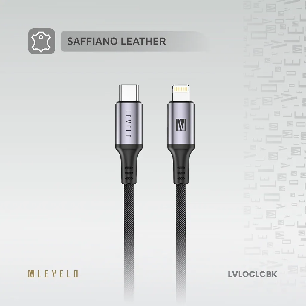 Levelo Otto USB C to Lightning 30W Leather Cable - Black کابل چرمی USB-C به Lightning LEVELO Otto با روکش Saffiano (۱.۲ متر) - اپل گلشن
