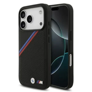 کاور BMW مدل MagSafe PU Leather, Tricolor Slanted Stripes, Metal Logos مناسب iPhone 17ProMax