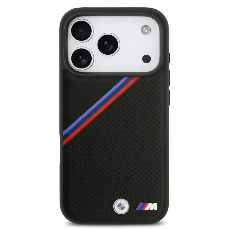 49852 کاور BMW مدل MagSafe PU Leather, Tricolor Slanted Stripes, Metal Logos مناسب iPhone 17Pro - Black, گارانتی اصالت و سلامت فیزیکی کالا