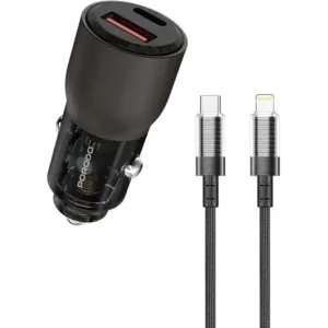 شارژر فندکی شفاف Porodo مدل FWCH048-L 65W به‌همراه کابل Lightning - Grey, ۷ روز ضمانت تعویض کالا